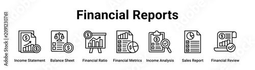 Financial Reports web banner icon vector illustration concept for business with icon of Income Statement, Balance Sheet, Financial Ratio, Financial Metrics, Income Analysis, Sales Report.