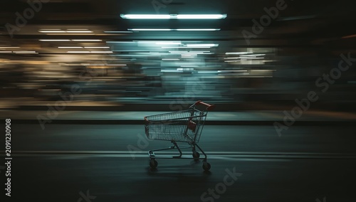 Shopping Cart Moves on the Street at Night While Lights Blur in the Background