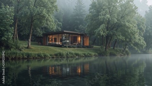 Modern House Near Water Surrounded by Trees in Foggy Morning