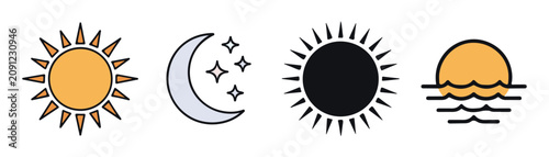 Bild auf Leinwand Sun and moon weather icons with sunset over ocean waves featuring warm orange and cool grey color palette