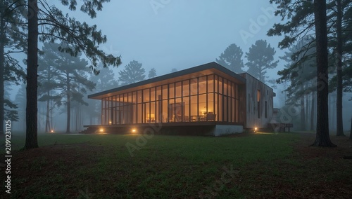 Modern House Surrounded by Trees During Foggy Evening