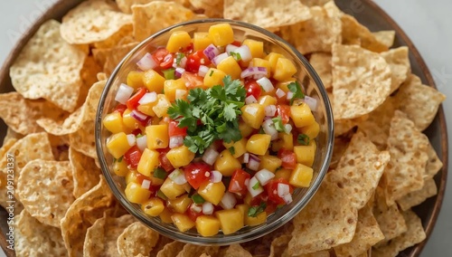 Fresh Mango Salsa Served With Tortilla Chips at a Gathering in the Afternoon