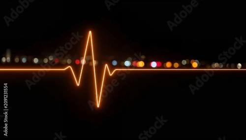Neon Heartbeat Line With Blurred City Lights in Background at Night