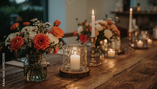 Table Set With Flowers and Candles for a Gathering in a Warm Indoor Space at ...