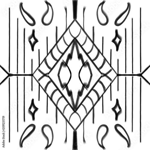 Artistic Hand-Drawn Geometric Pattern with Abstract Elements in Black and White