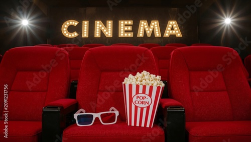 Three-dimensional Glasses and Popcorn Sit in Empty Cinema Seating With a Cine...