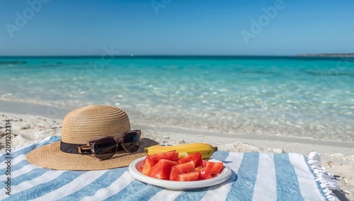 Enjoying Fruit at the Beach on a Sunny Day With a Hat and Sunglasses