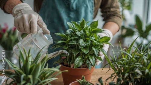 Person Waters a Green Plant in a Brown Pot During Plant Care at Home in the A...