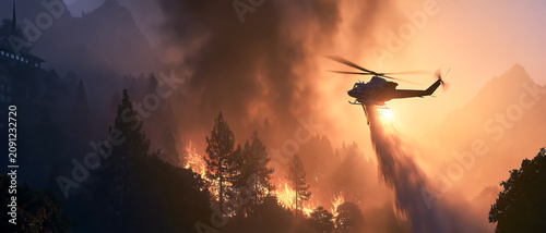 Plakat 山火事に放水する消防ヘリ、森林火災の空中消火イメージ