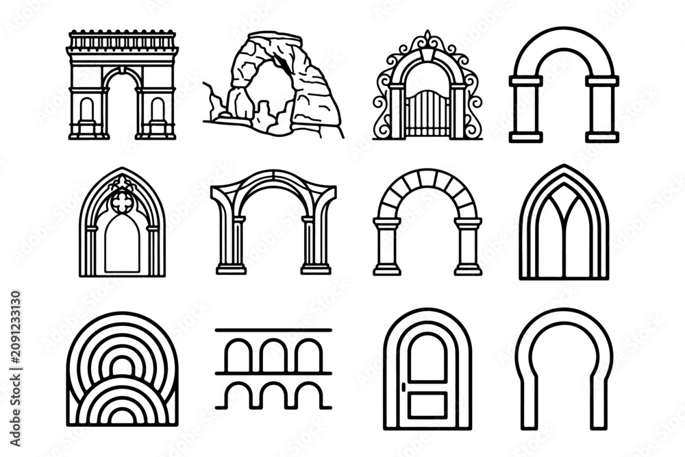 Fototapeta premium Architectural Arch Styles Large Line Icon Set Black Outline Vector Collection