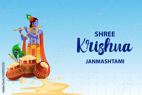Happy Krishna Janmashtami Greeting Banner with Lord Krishna Vector