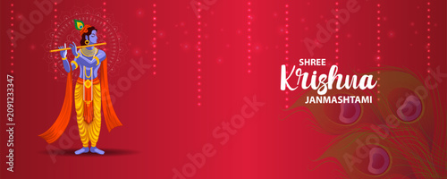Happy Krishna Janmashtami Greeting Banner with Lord Krishna Vector
