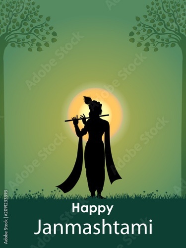 Happy Krishna Janmashtami Greeting Card with Lord Krishna Silhouette Vector