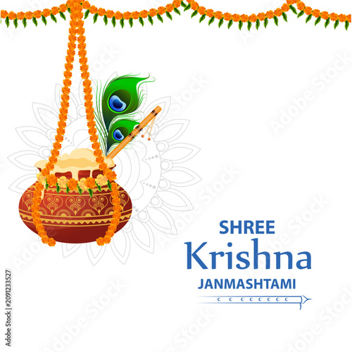 Krishna Janmashtami Greeting Card with Dahi Handi and Peacock Feather Vector