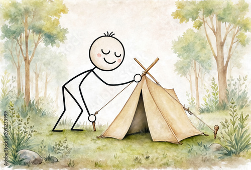 Stick figure person sets up a small beige tent during a camping trip in a forest. Watercolor illustration.