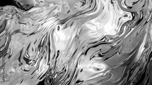 Bild auf Leinwand Abstract fluid silver liquid metal texture with wavy chrome reflections and dark background