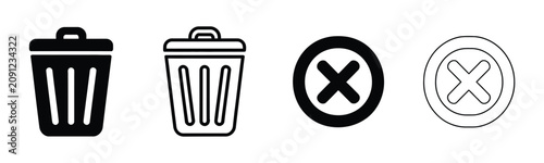 Картината върху платно Trash can icon set with cross mark symbols, delete and removal signs for web user interface, file management, digital tools, and application design