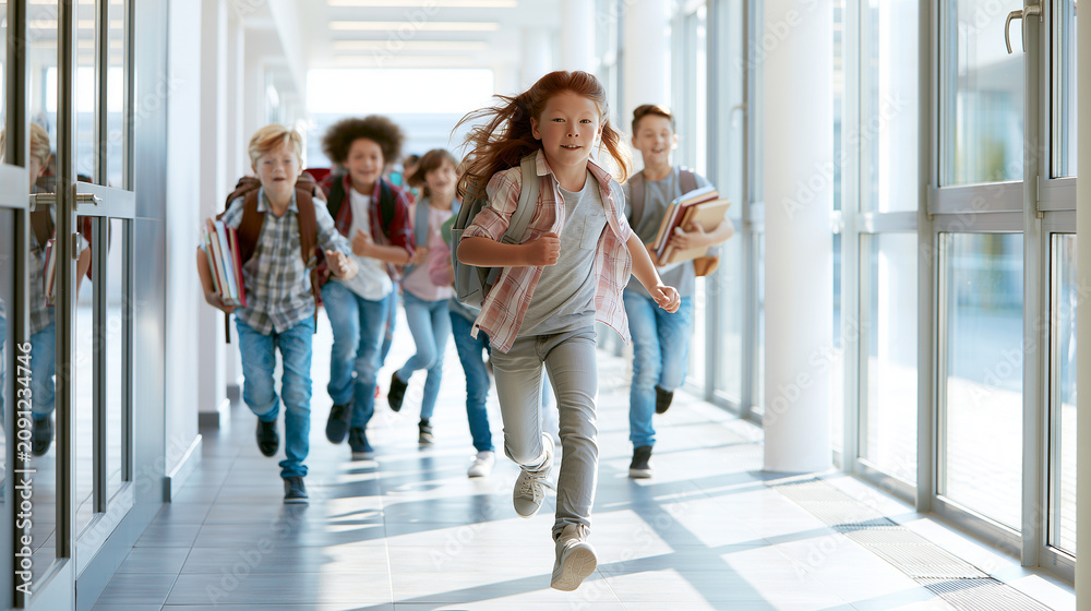 Fototapeta premium Children Moving Through Bright School Corridor with Books and Backpacks, Group of School Pupils Walking and Running in Modern Hallway, Education, Childhood, Environment, Friendship Back to School