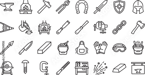 Photos Hand Drawn Blacksmith and Metalworking Tool Icon Collection Outline Vector Set I