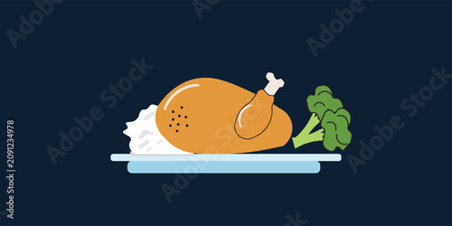 Fotografie Ilustrasi Ikon Makanan Datar Minimal Kaki Ayam Panggang Dengan Nasi Dan Brokoli