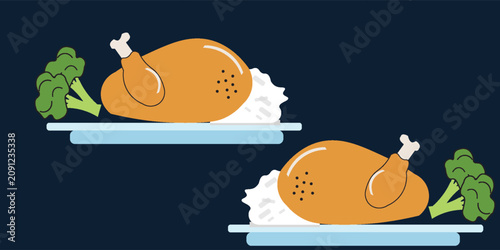 Obraz na płótnie Ilustrasi Ikon Makanan Datar Minimal Kaki Ayam Panggang Dengan Nasi Dan Brokoli