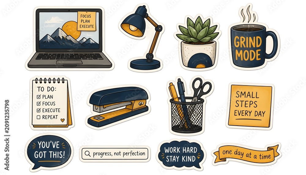 Fototapeta premium Office essentials sticker sheet vector, flat cartoon workspace element isolated on white background