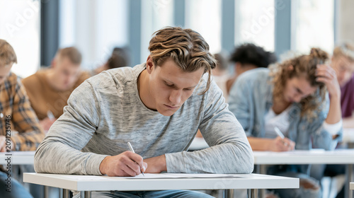 Student Admission Test in Modern Classroom with Focused Learners Students completing an admission examination in a bright university classroom, carefully writing answers and thinki