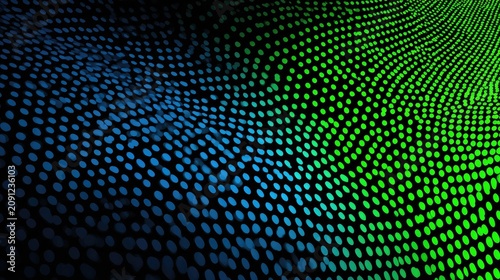 Glowing digital dots form a dynamic, undulating field transitioning across blue and green shades against black