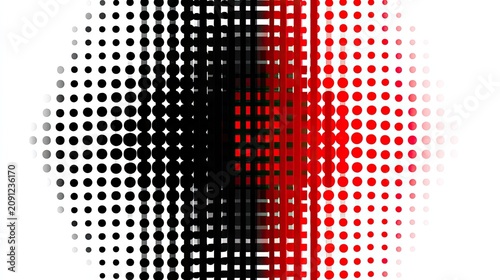 Graphic transition effect utilizes halftone dots in black and vibrant red against a clean white background