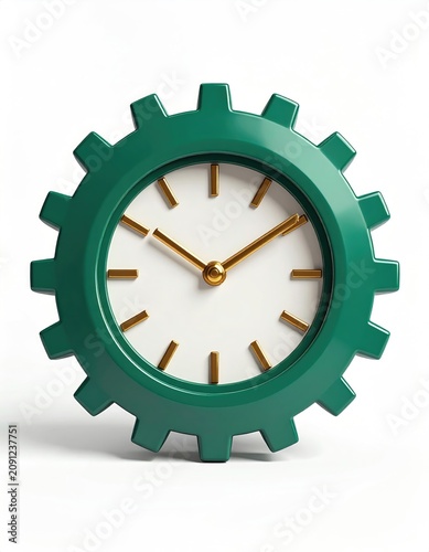 Green gear clock with gold hands on white background