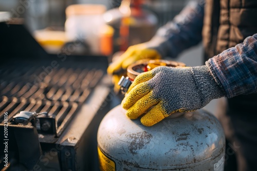 Technician hands wearing work gloves connecting a propane tank to an outdoor grill or heater, clean background with focus on safety and precision. 