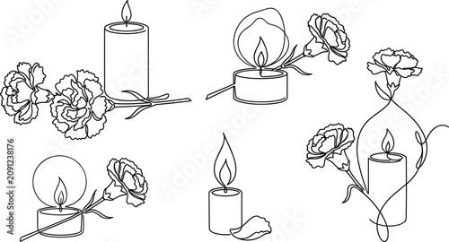 Fotografía Funeral and Condolence Icon Set Featuring Burning Candles and Carnation Flowers