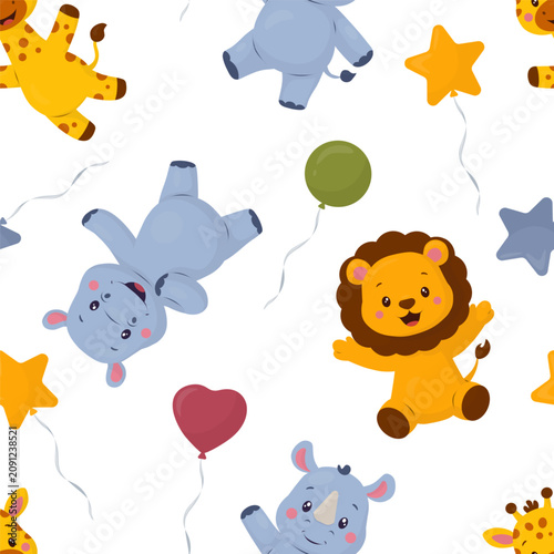 Seamless pattern with cute safari animals lion, giraffe, hippopotamus and rhinoceros with balloons. Vector illustration.Playful background for children's textiles,room decor,packaging,wallpaper, print