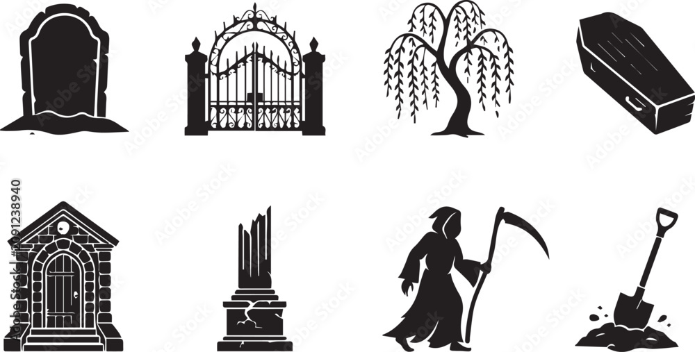 Fototapeta premium Set of black silhouette icons representing cemetery, graveyard, and eerie gothic horror theme design elements
