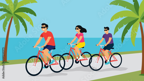 People riding bicycles along seaside with palm trees. Vector illustration in flat modern style. Summer lifestyle scene for travel ads, sport posters, web banners, social media and print.