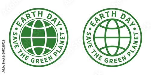 Foto Earth day save the green planet round badge logo icon design with a world globe