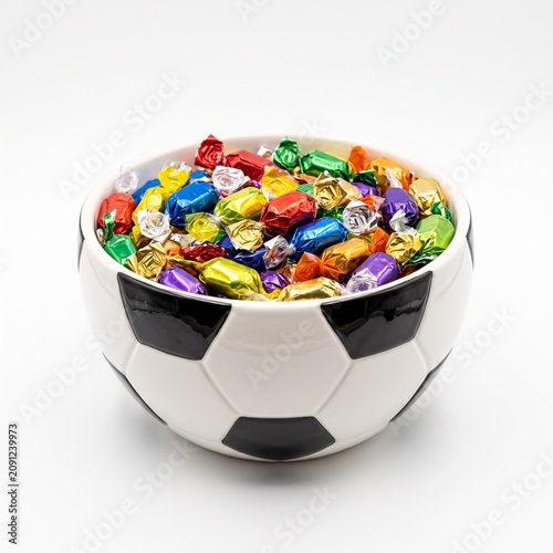 Premium ceramic soccer ball serving bowl filled with colorful candies isolated photography.