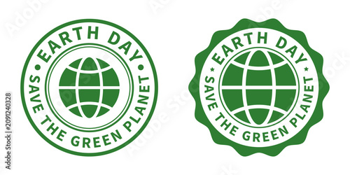 Earth day green round badge icon set with save the planet text and globe symbol for environment protection design