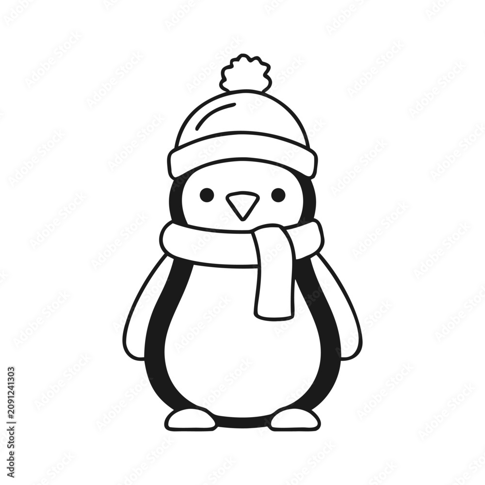 Fototapeta premium Cute penguin wearing winter hat and scarf line art illustration