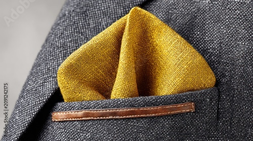 Elegant Yellow Pocket Square in a Textured Grey Blazer Pocket.