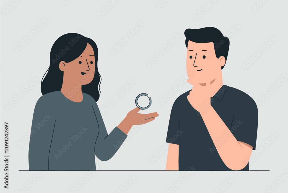 Fototapeta premium Young woman showing a beautiful ring to a man who is thinking about a marriage proposal or romantic commitment.