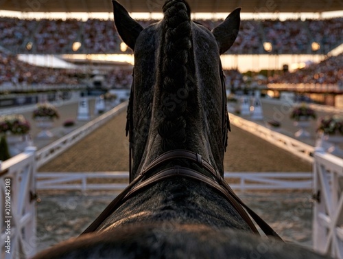First-person view from a dressage horse towards an equestrian arena during an international competition at sunset, with a full stadium, sporting atmosphere and maximum concentration.