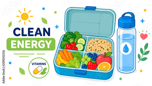 Obraz na plátně Bright blue lunchbox holds fresh, colorful vegetables and fruits