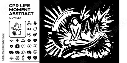 CPR Life Saving Abstract Black White-Compression Surge Recovery Pulse Return-Resus Energy Vector-Life Icon Abstract-CPR Design Set