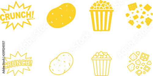 Foto Set of snack food icons including potato chips and popcorn bucket