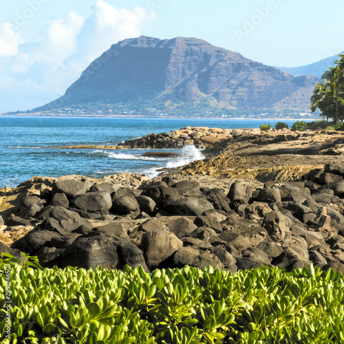 Rocky Coast with Mountain Background on Oahu