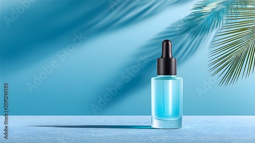 Blue skincare serum dropper bottle with tropical palm leaves and sunlit background