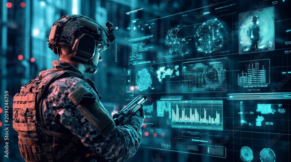 Fototapeta premium Soldier reviewing tactical data on futuristic holographic display.