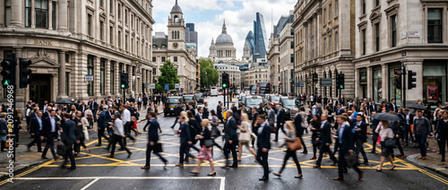 Busy street crossing in London with many professional people walking in the city