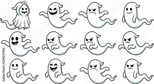 Schilderij op canvas Spooky Halloween Ghost Character Icon Set with Cute White Phantoms Displaying Va